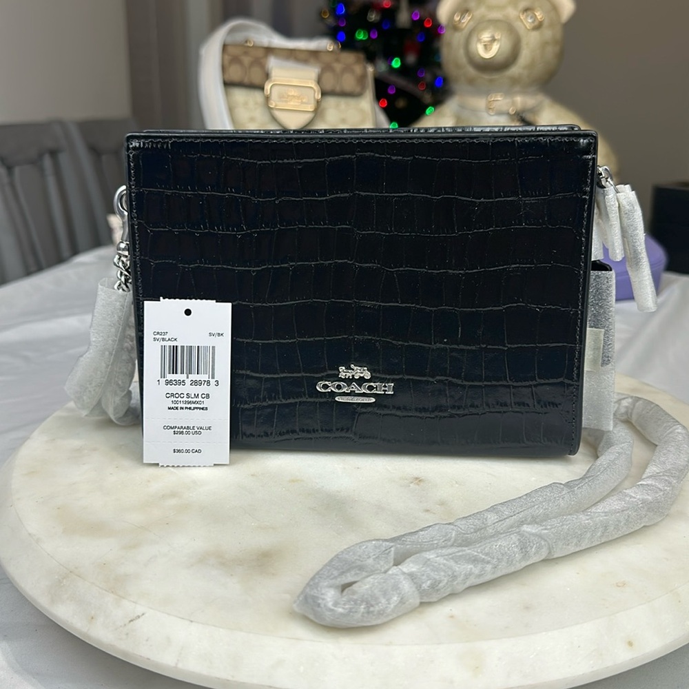 NWT Coach Croc Embossed Leather Slim Crossbody in Black, CR237